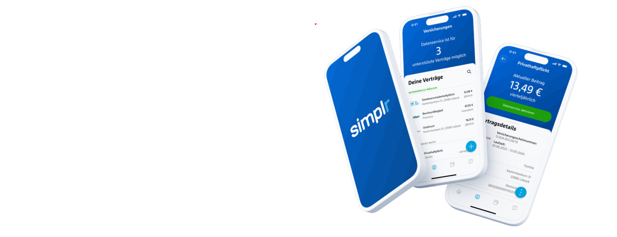 Drei Smartphones mit unterschiedlichen Ansichten der simplr-App